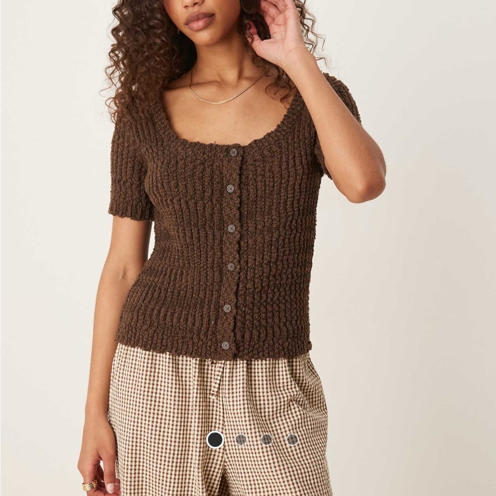 Brown Textured Button-Up Top